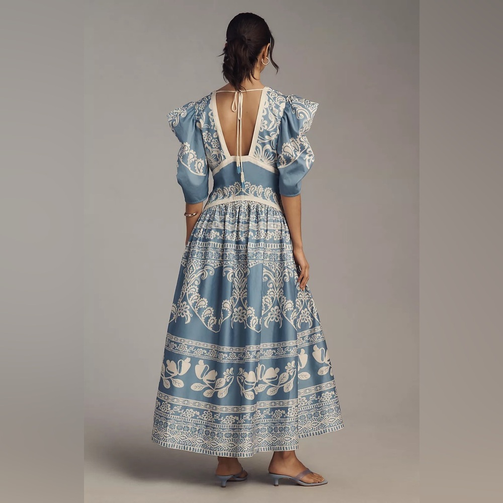 Farm Rio x Anthropologie Printed V-Neck Puff-Sleeve Maxi Dress new XS - Picture 2 of 14